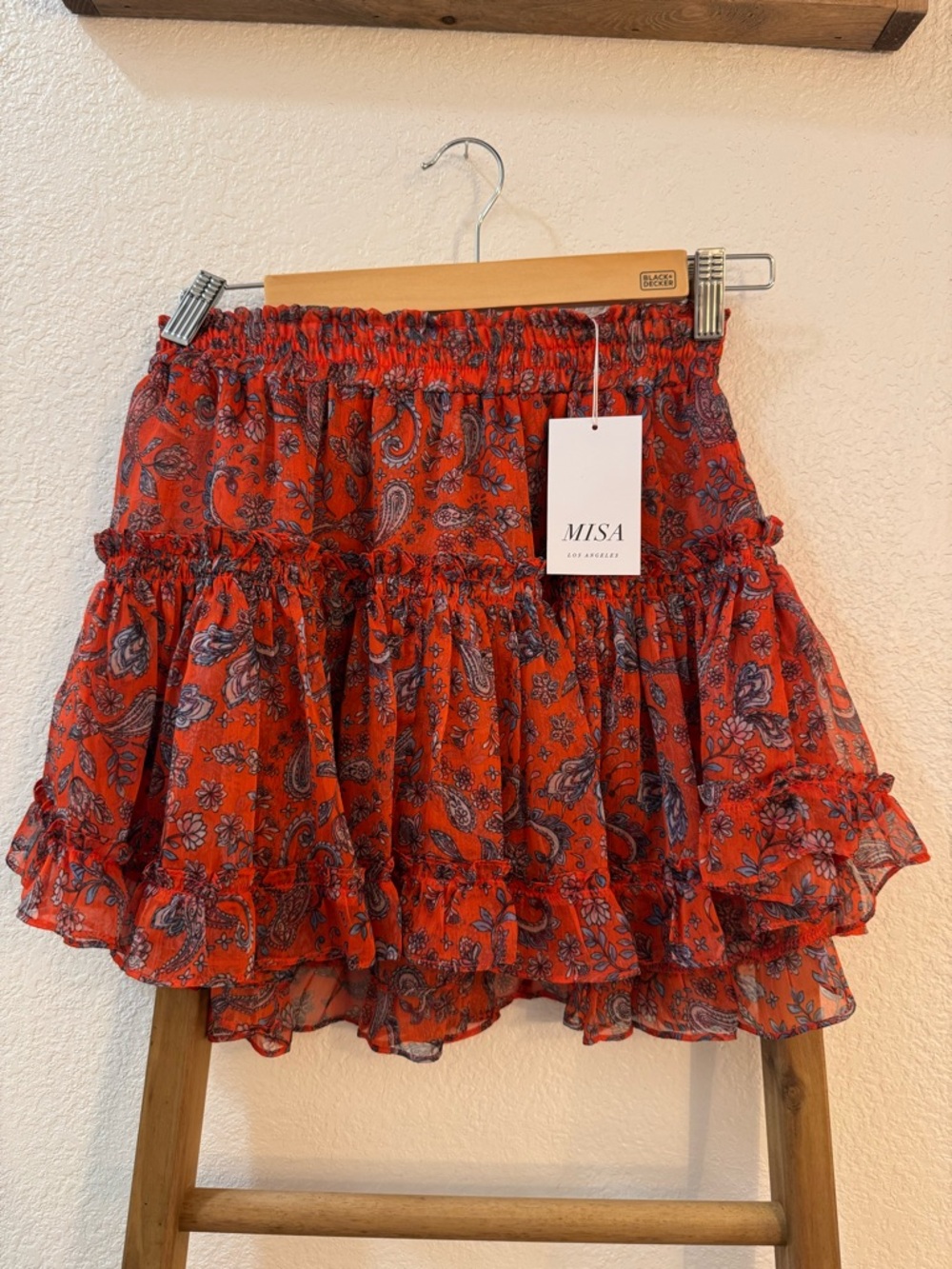 Misa Los Angeles Red Paisley Ruffle Mini Skirt